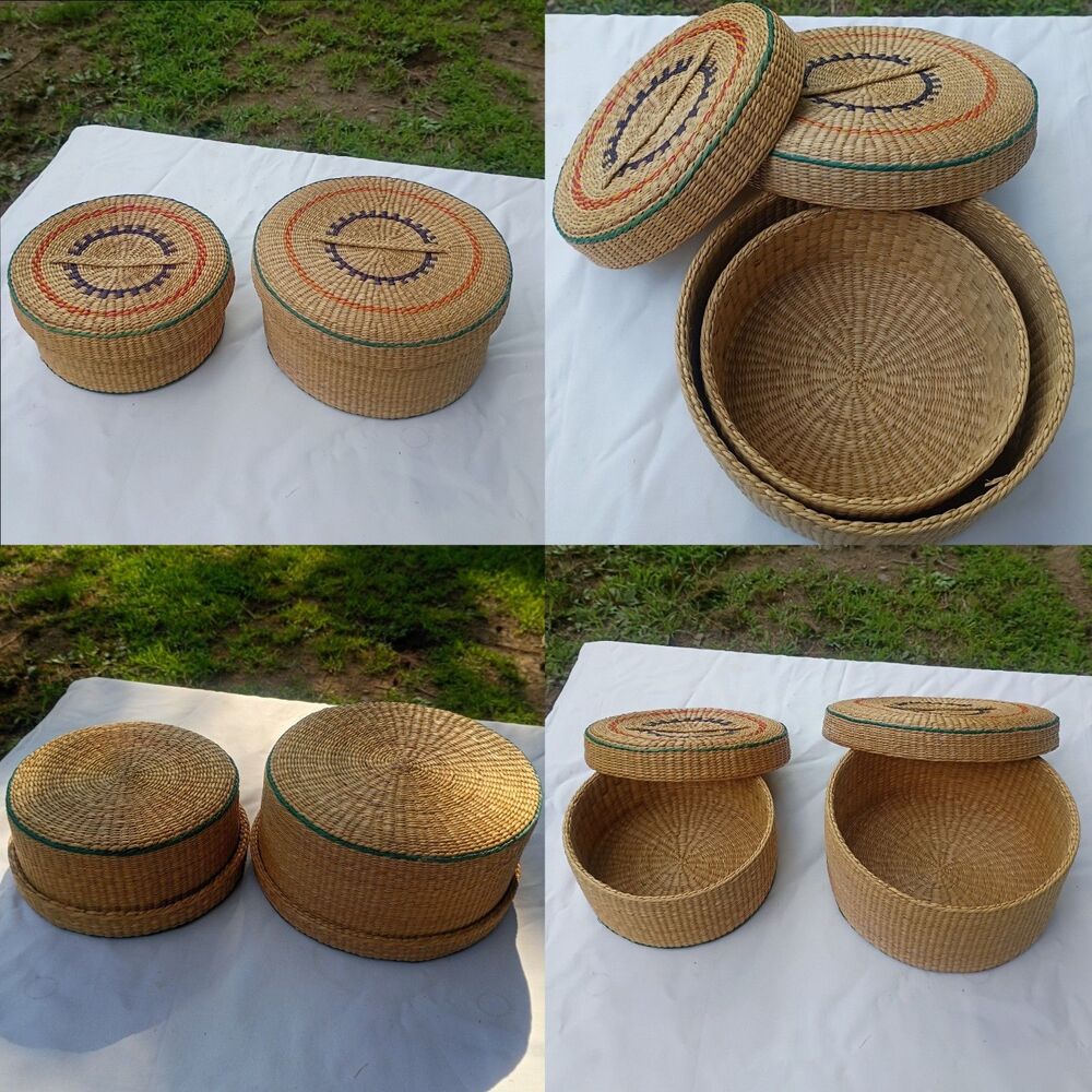 Vintage Handwoven Sweet Grass Nesting Lidded baskets Set 2 Intricate Tight Weave